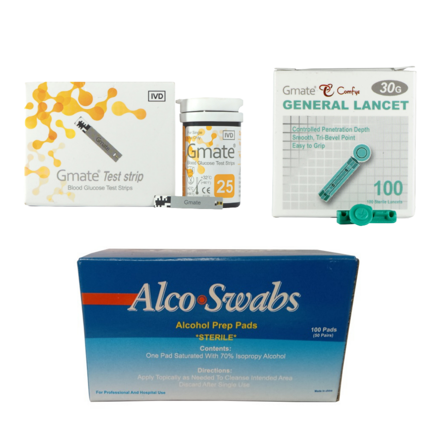 Comfys Gmate Blood Sugar Test Strips plus 100 needles and 100 alcohol swabs
