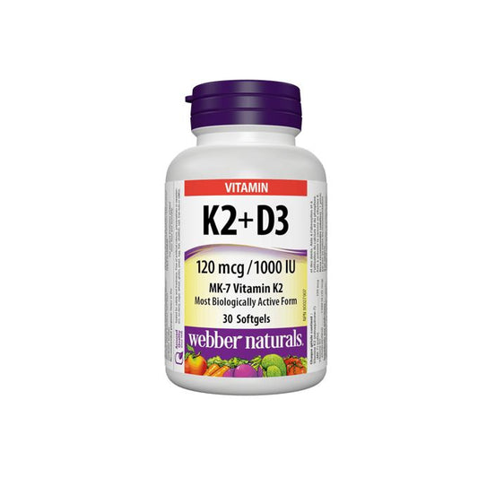 Webber Naturals K2+ D3 120Mcg/1000Iu Softgels 30's